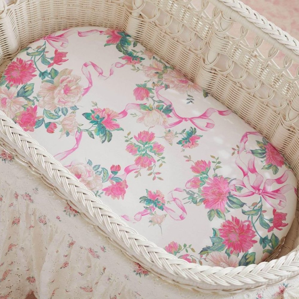LoveShackFancy Pink Floral Ribbon Print Bassinet Sheet